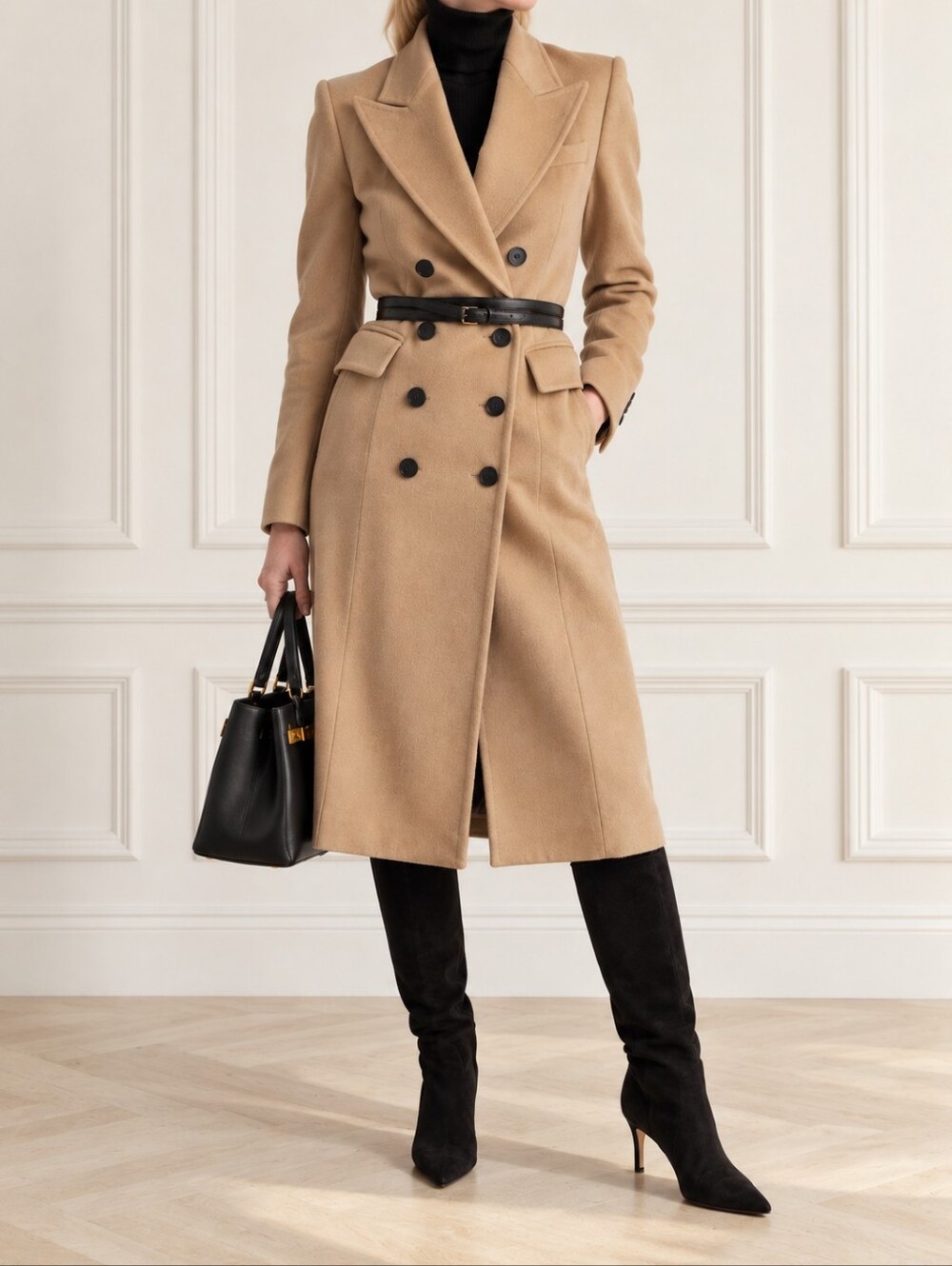 Burberry London Camel Virgin Wool & Cashmere Double-Breasted Belted Coat US Sz 4